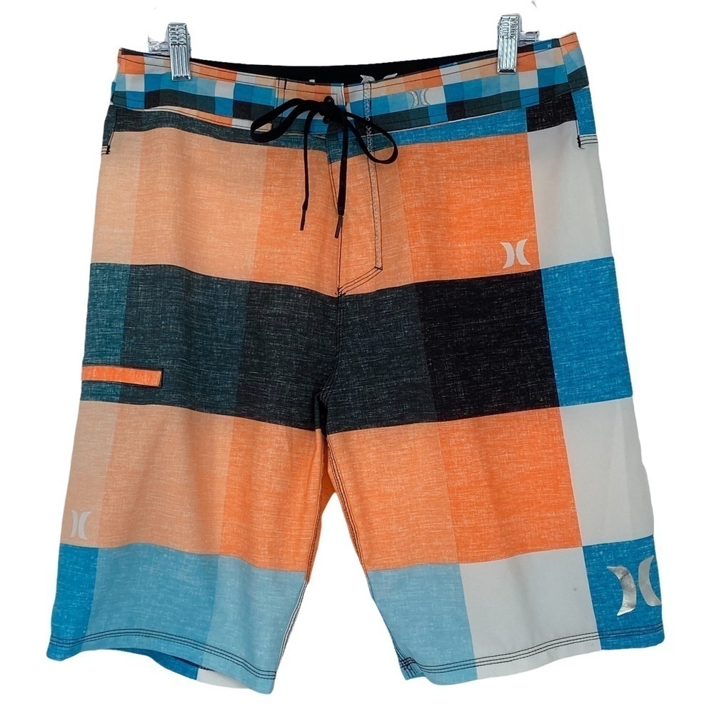 Hurley color block plaid orange white blue black swim board shorts, 31